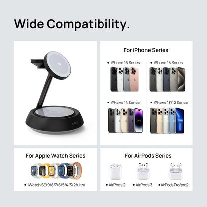 3-in-1 Magnetic 15W Wireless Charging Station for Apple Devices